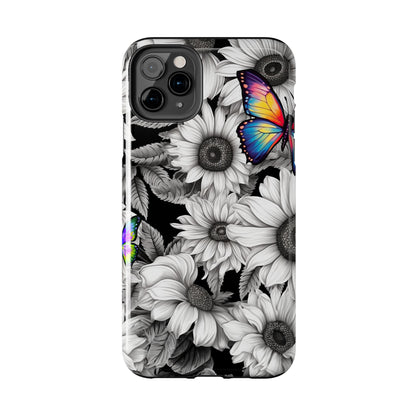 Rainbow Butterflies & Monochrome Sunflowers – iPhone Case