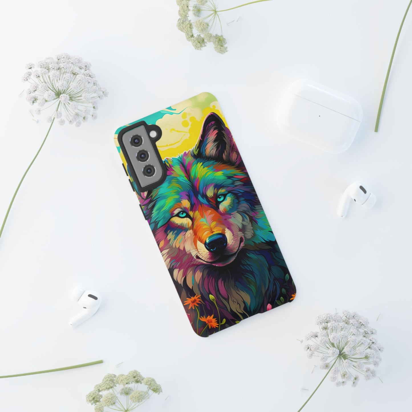 Rainbow Wolf in Bloom – Samsung Galaxy Case with Vivid Nature Design