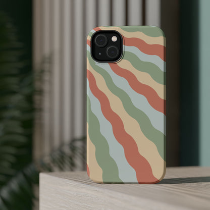 Earthy Retro Waves MagSafe iPhone Case – 70s-Inspired Wavy Stripes in Soft Green, Cream, and Rust