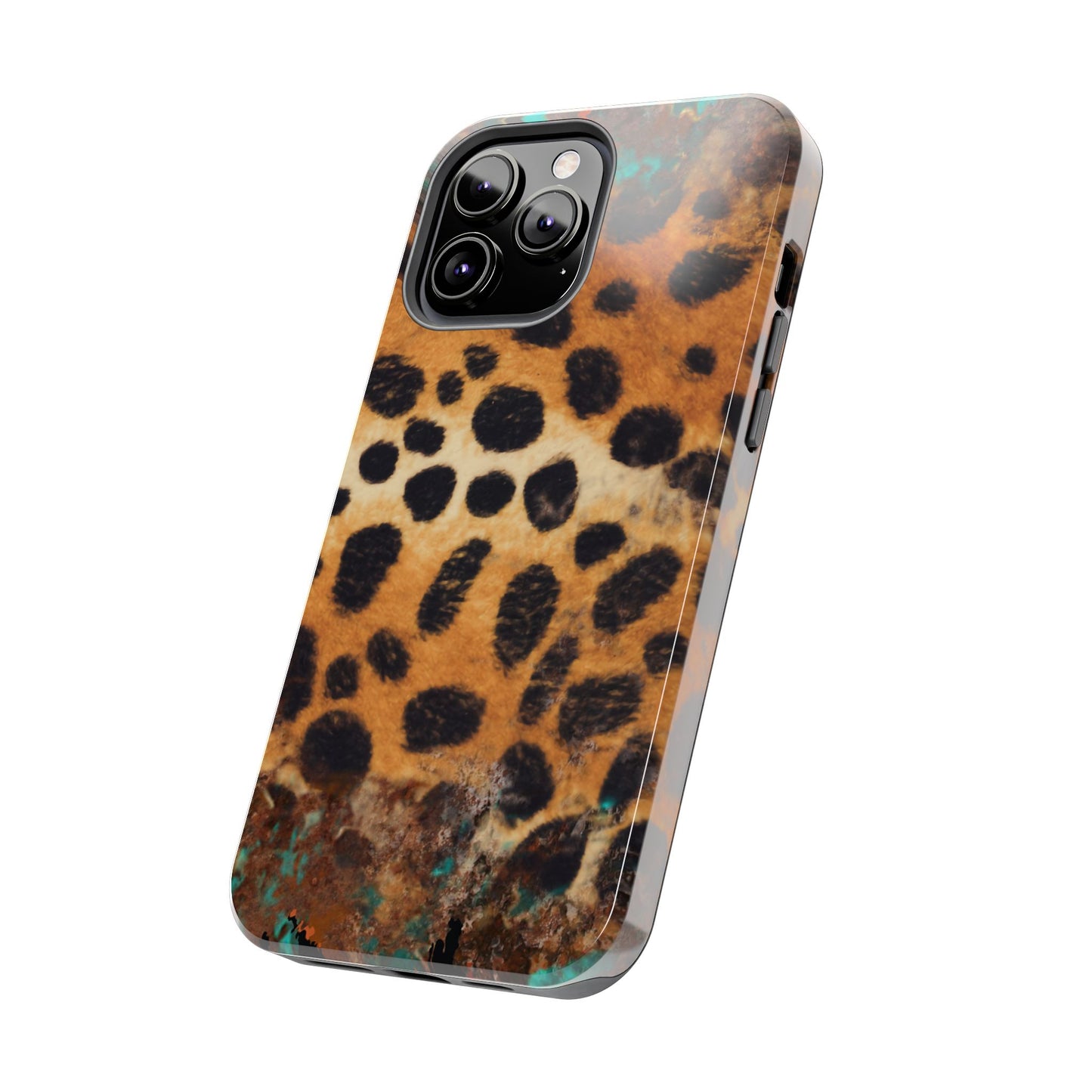 Rustic Leopard Print Tough iPhone Case – Distressed Turquoise and Animal Pattern with Dual-Layer Protection