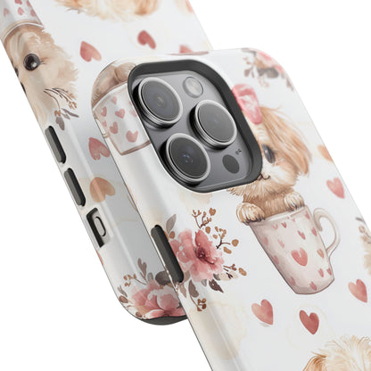 Cute Puppies in Heart MagSafe iPhone Case – Adorable Dog & Floral Design, Shockproof & Slim