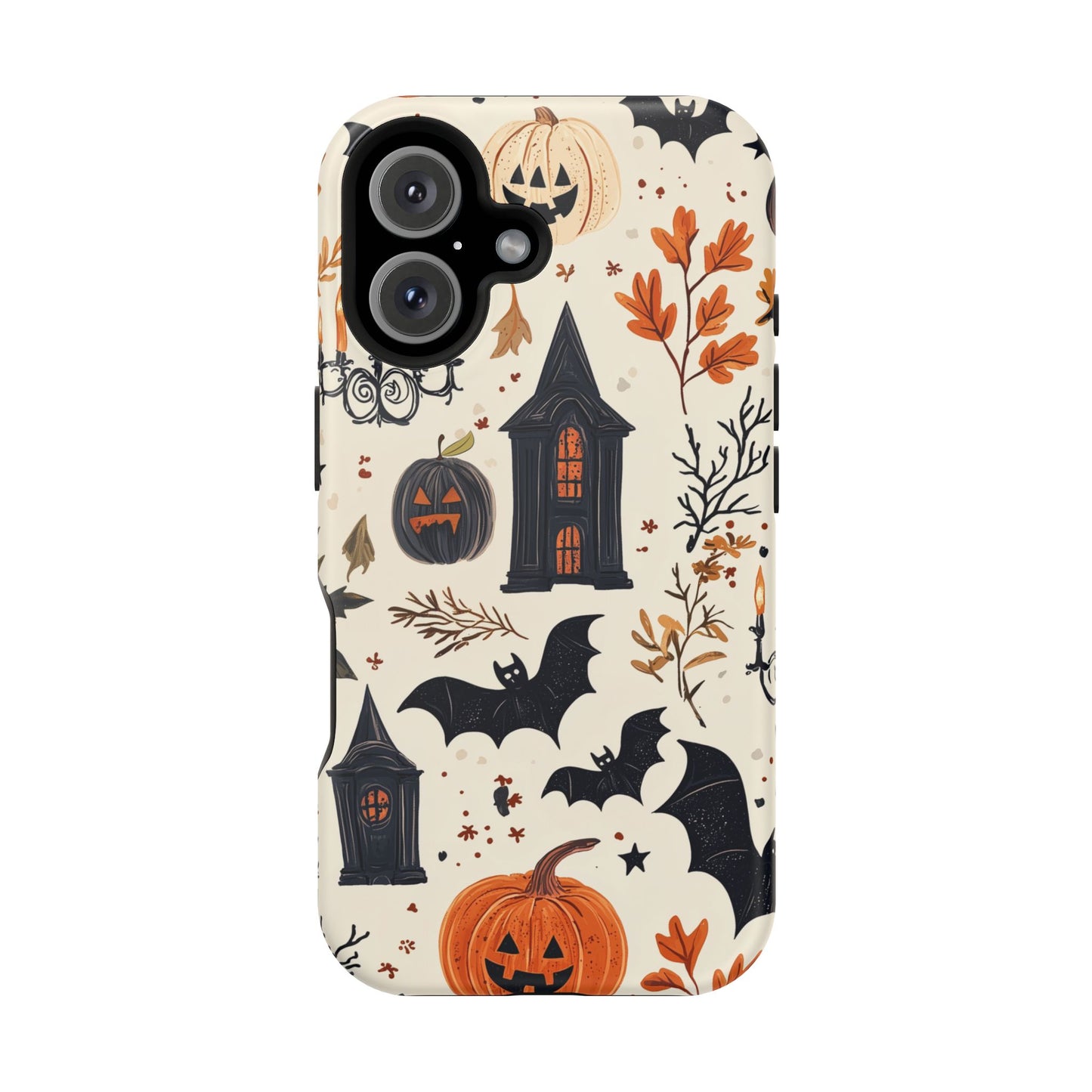 Haunted Halloween MagSafe iPhone Case – Haunted House, Bats, and Pumpkins Design