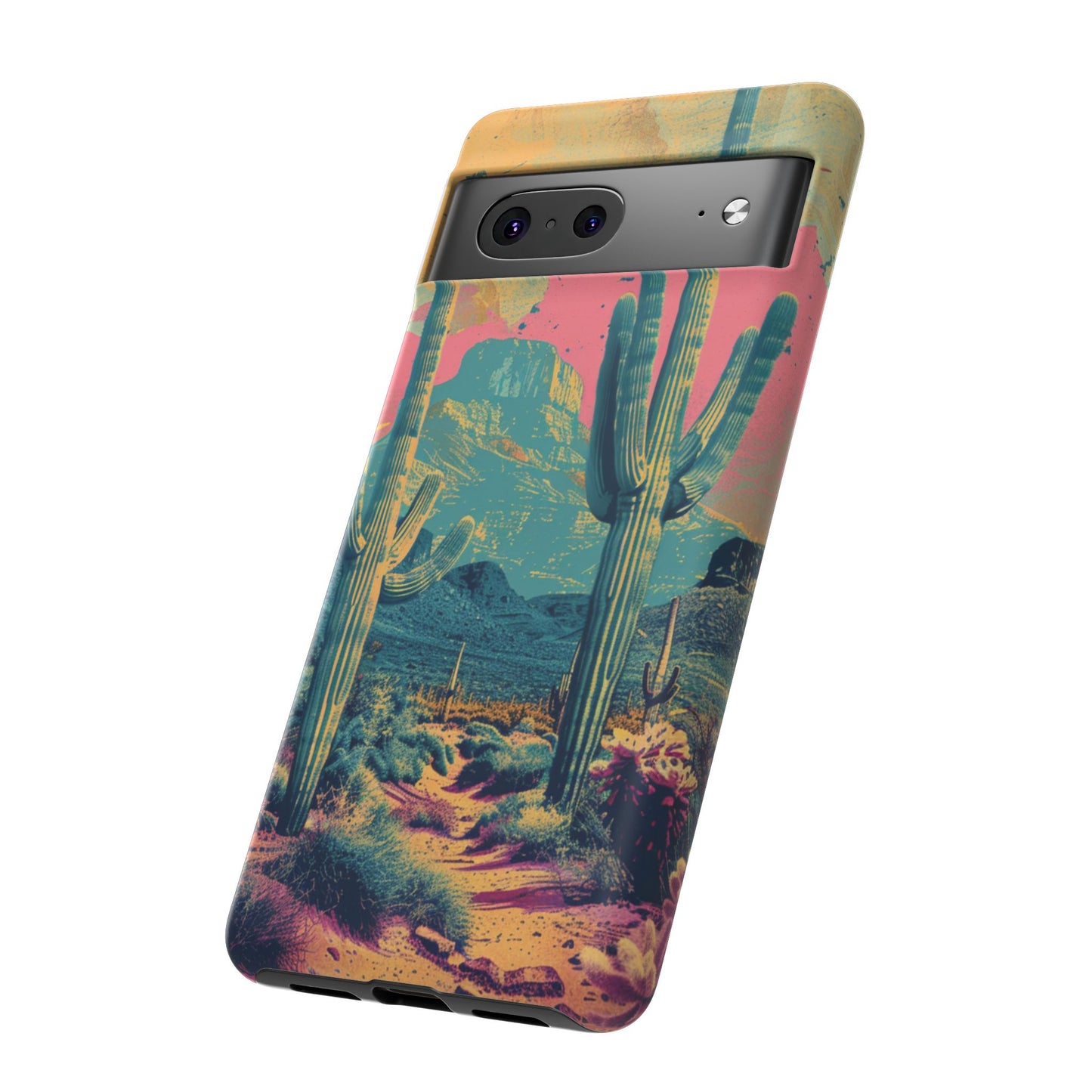 Desert Oasis Retro Cactus Phone Case - Vibrant Sunset Landscape for iPhone 15/14/13/12, Samsung S24/S23/S22/S21, & Google Pixel