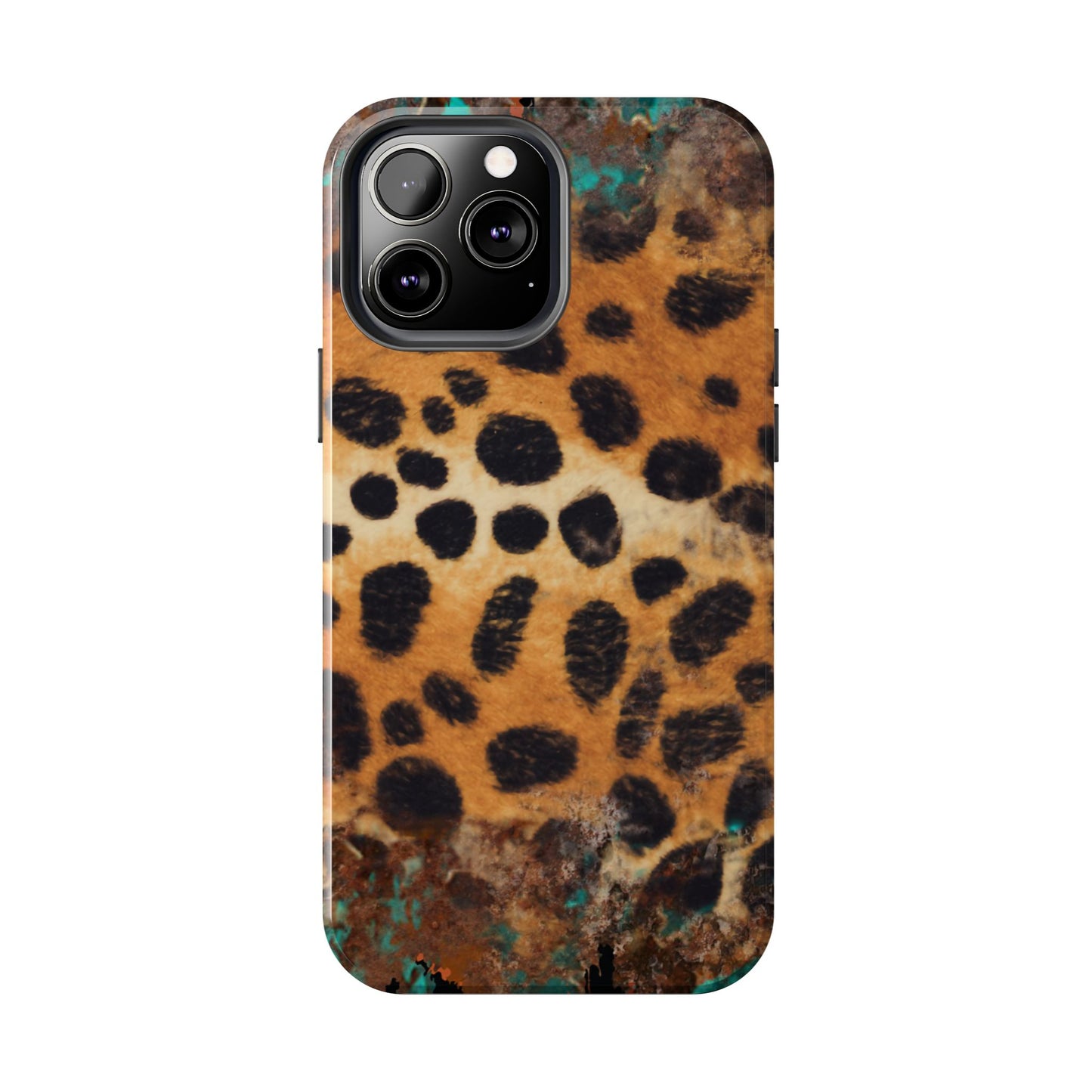 Rustic Leopard Print Tough iPhone Case – Distressed Turquoise and Animal Pattern with Dual-Layer Protection