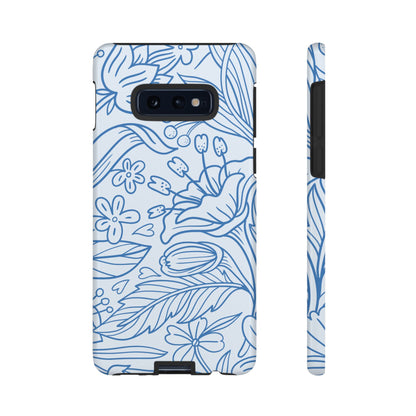 Dusty Blue Floral Line Art Tough Samsung Galaxy Case – Minimalist Botanical Design with Dual-Layer Protection