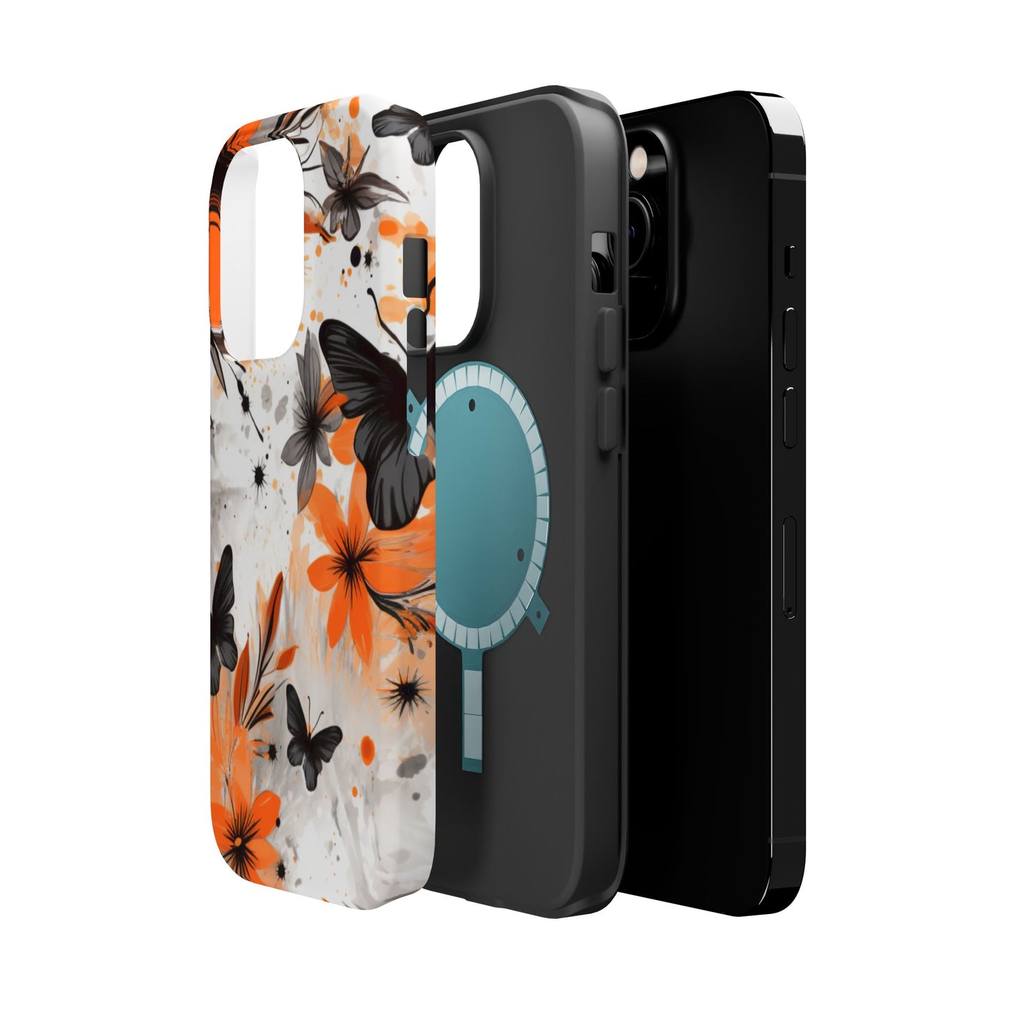 Orange Blossom & Black Butterfly MagSafe iPhone Case – Bold Floral Pattern with Modern Abstract Style