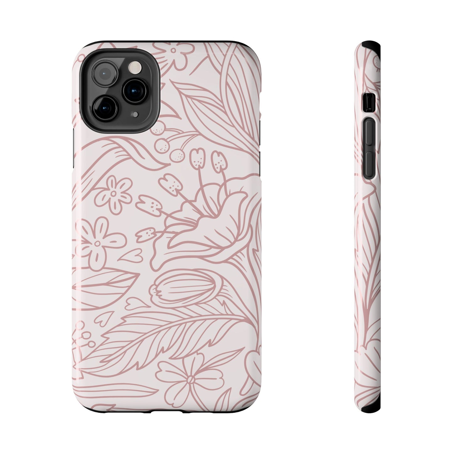 Blush Floral Line Art Tough iPhone Case – Delicate Minimalist Design with Dual-Layer Protection