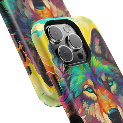 Rainbow Wolf in Bloom – MagSafe iPhone Case with Nature-Inspired Design