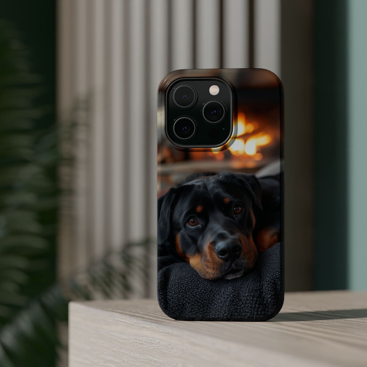 Charming Rottweiler by the Fireplace MagSafe iPhone Case – Cozy & Functional Design