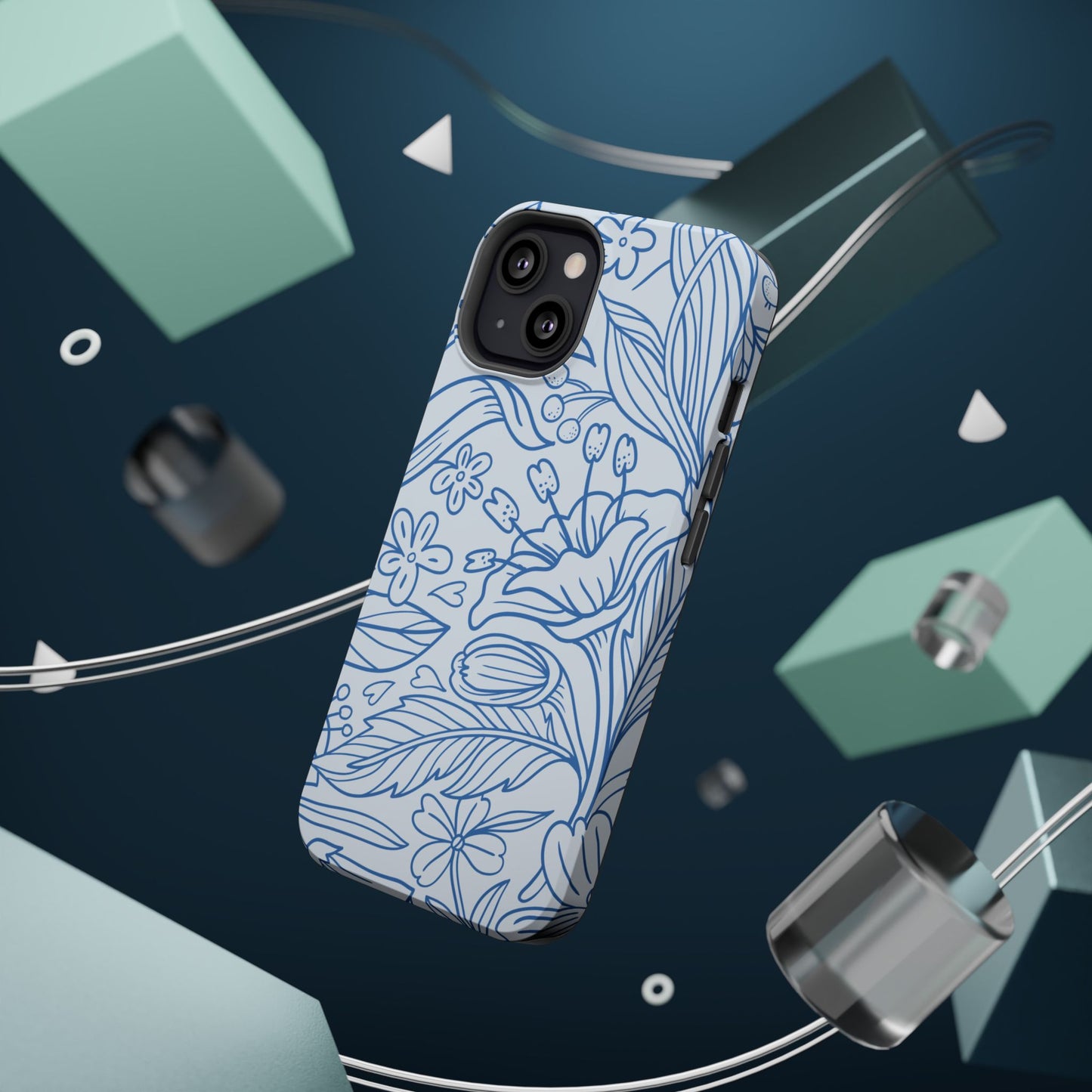 Dusty Blue Floral Line Art Tough MagSafe iPhone Case – Minimalist Botanical Design with Dual-Layer Protection