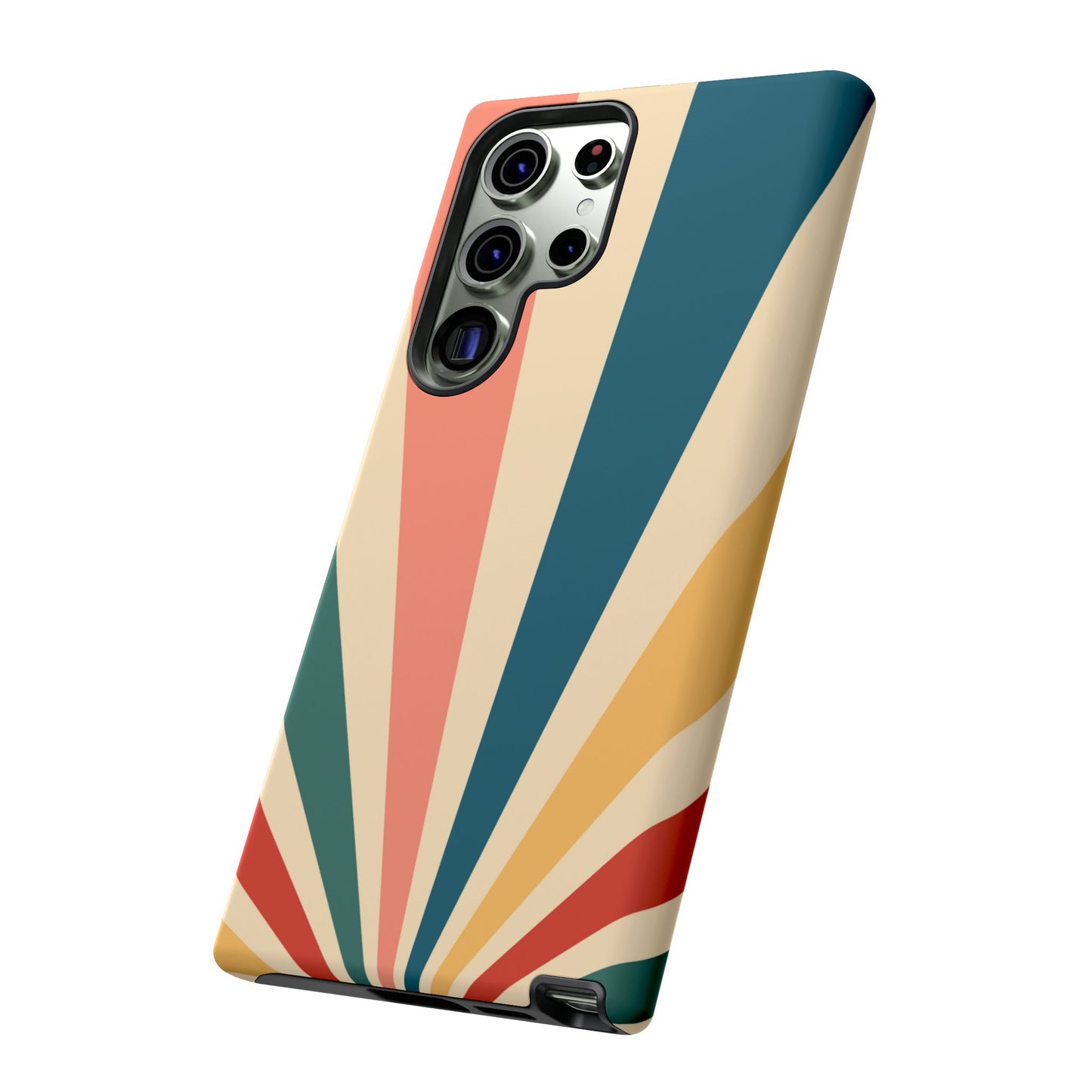 Retro Sunbeam Samsung Galaxy Case – 70s-Inspired Radiating Stripes in Coral, Teal, and Mustard