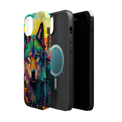 Rainbow Wolf in Bloom – MagSafe iPhone Case with Nature-Inspired Design