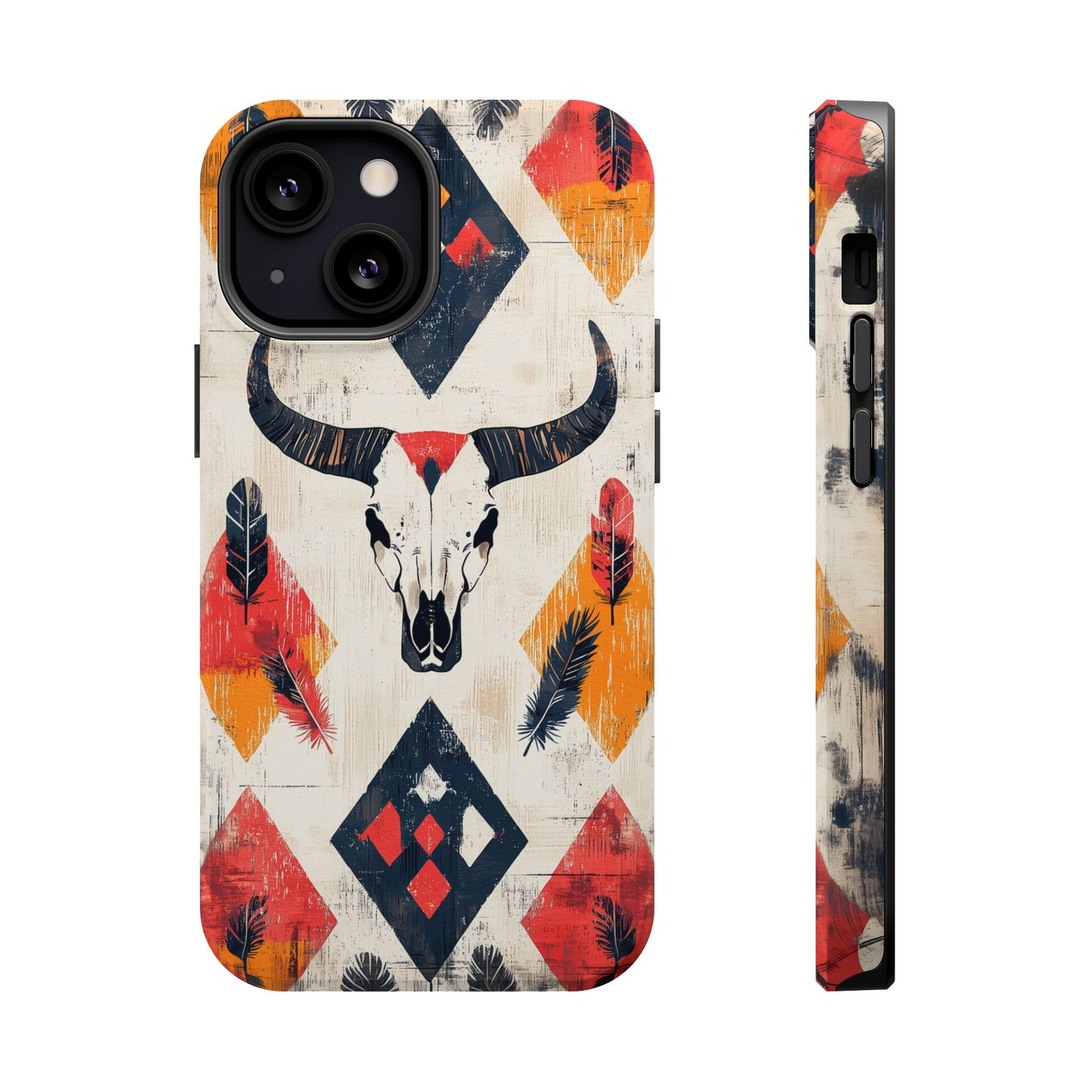 Western Bull Skull & Feathers Tough Mag Safe iPhone Case – Bold Tribal Design, Dual-Layer Protection