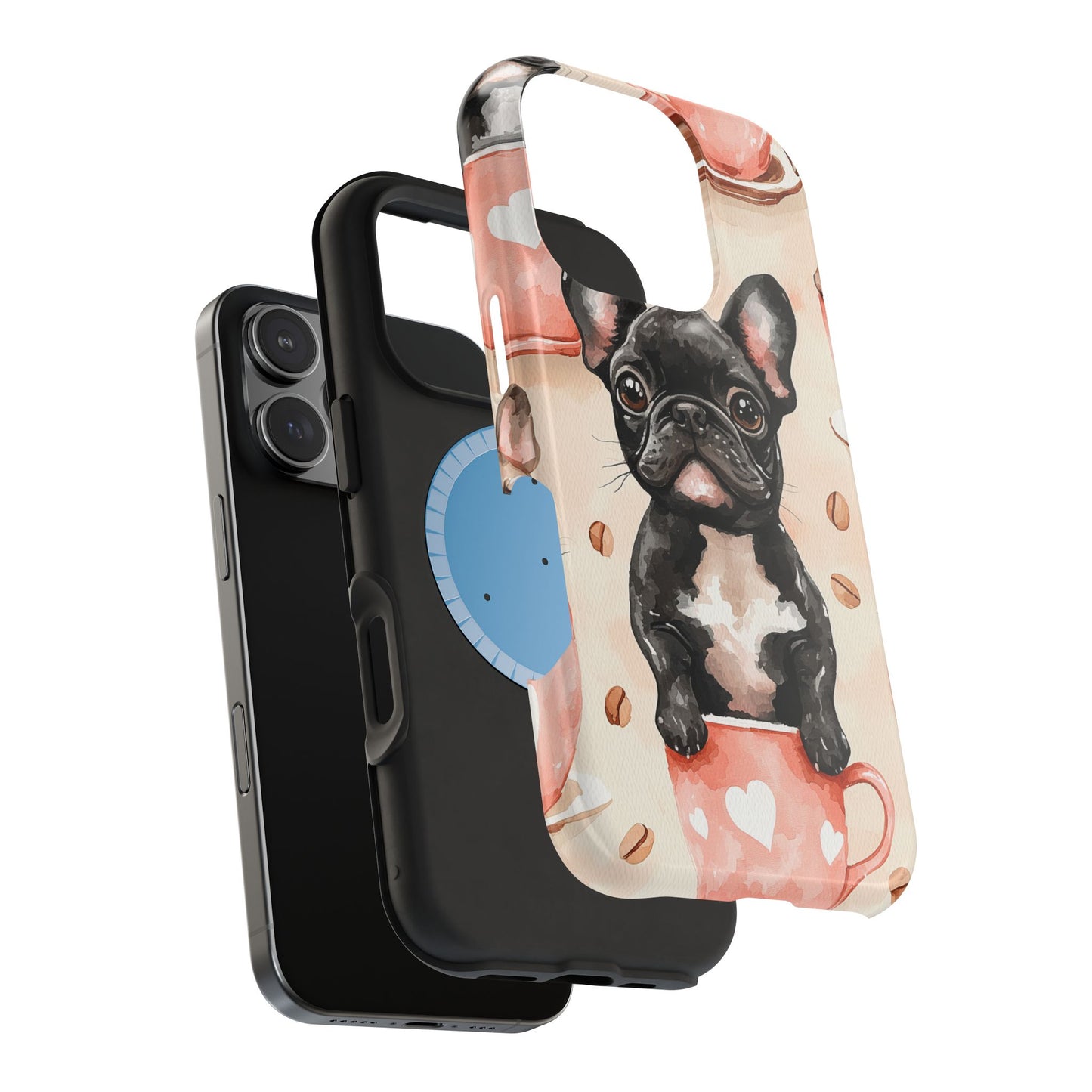 French Bulldogs in Coffee Cup MagSafe iPhone Case – Cute Dog Art, Shockproof & Slim Design