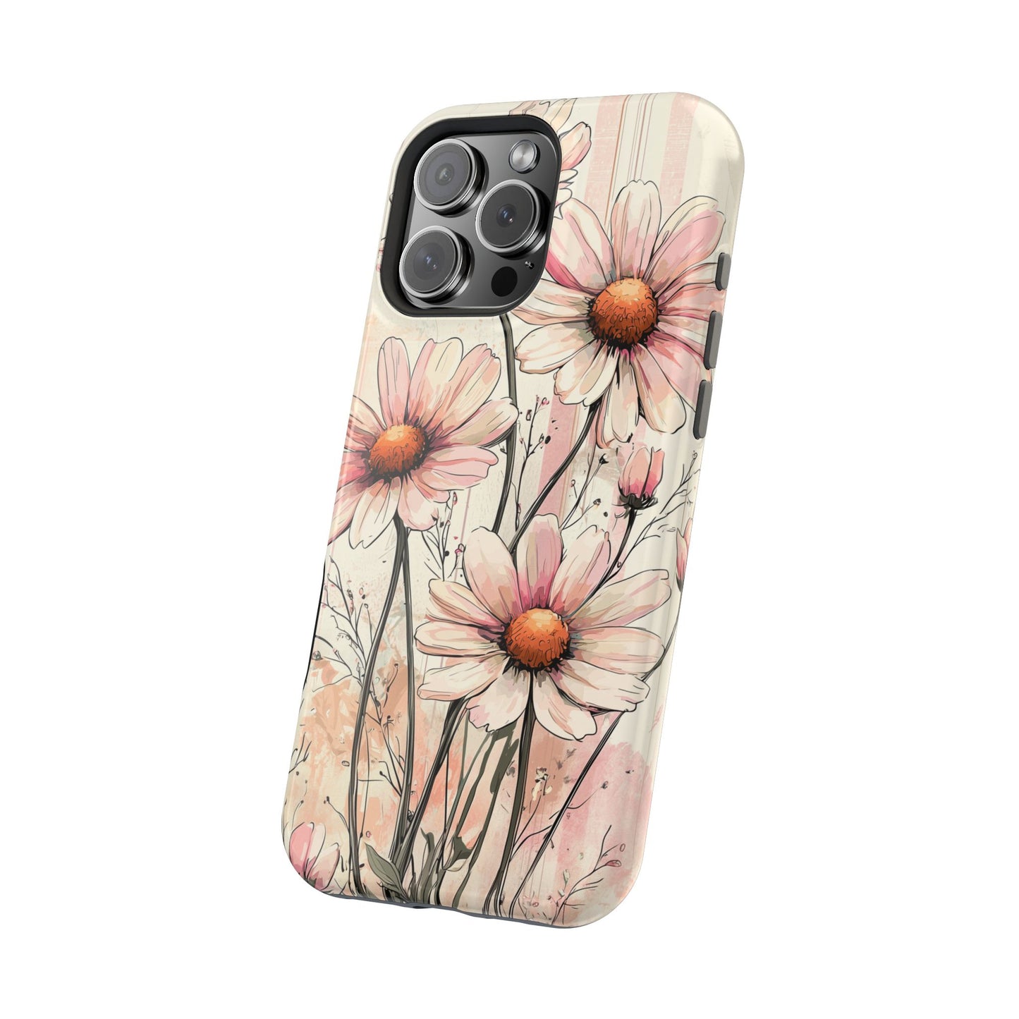 Pastel Pink Daisy MagSafe iPhone Case - Elegant Floral Plaid Protective Cover