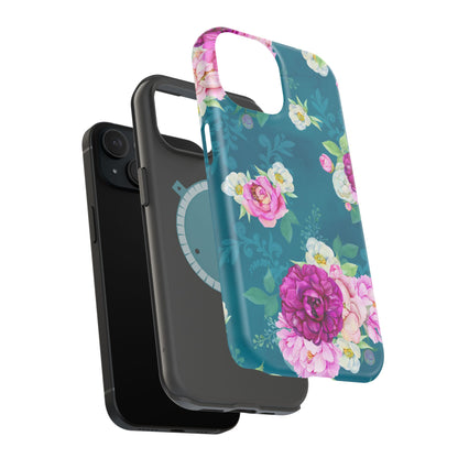 Elegant Peony Bouquet MagSafe iPhone Case – Deep Teal Background with Romantic Floral Design