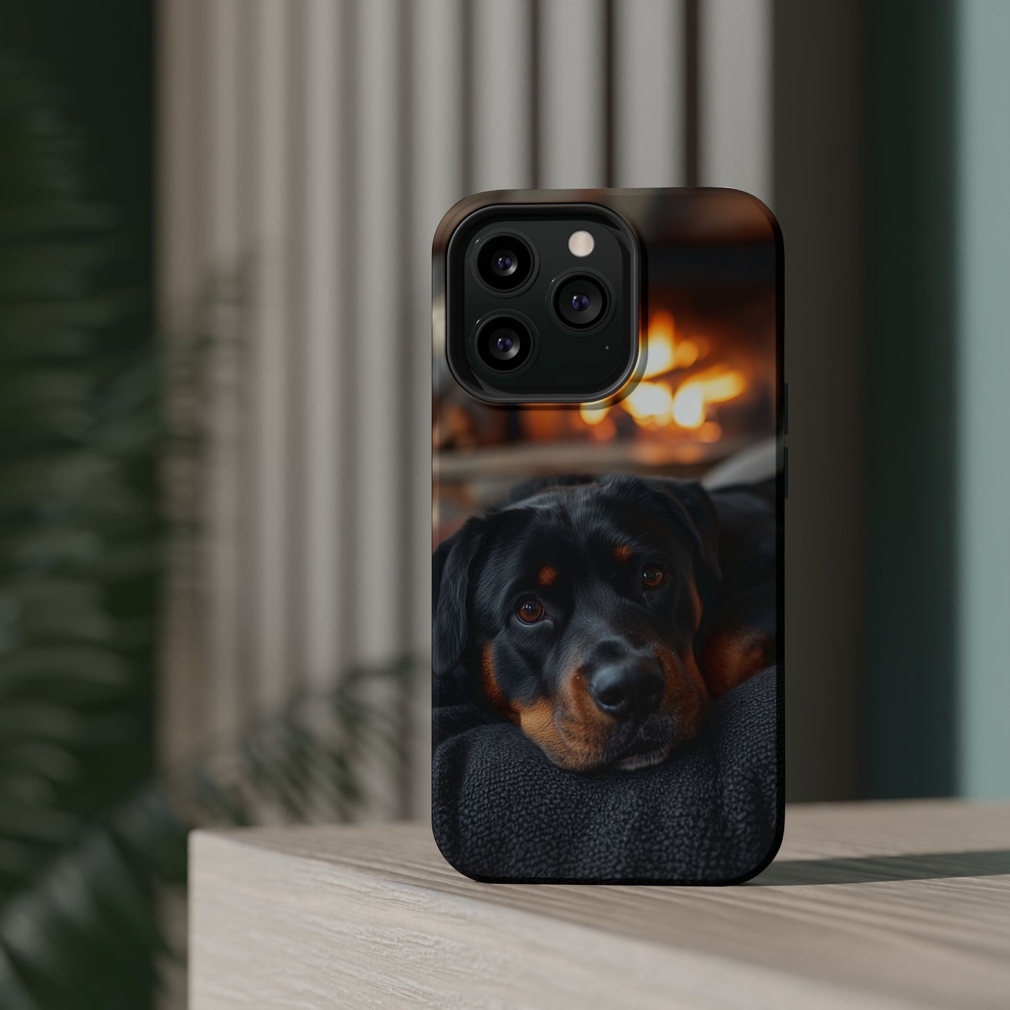 Charming Rottweiler by the Fireplace MagSafe iPhone Case – Cozy & Functional Design