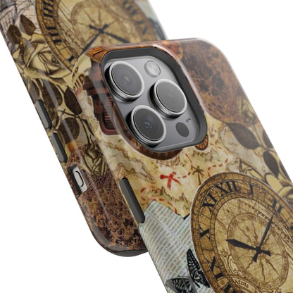 Steampunk Vintage Adventure MagSafe iPhone Case – Dual-Layer Protection with Antique Map and Clock Design