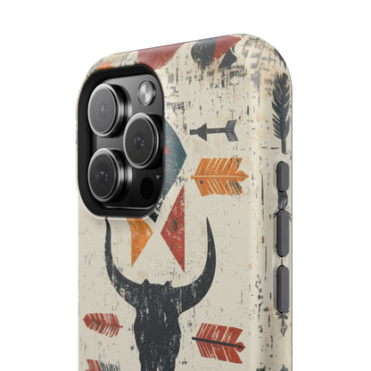 Tribal Bull Skull & Arrows Tough MagSafe iPhone Case – Rustic Western Design, Dual-Layer Protection