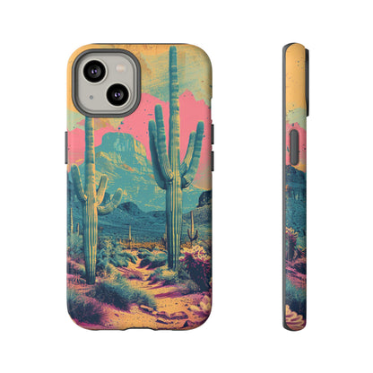 Desert Oasis Retro Cactus Phone Case - Vibrant Sunset Landscape for iPhone 15/14/13/12, Samsung S24/S23/S22/S21, & Google Pixel