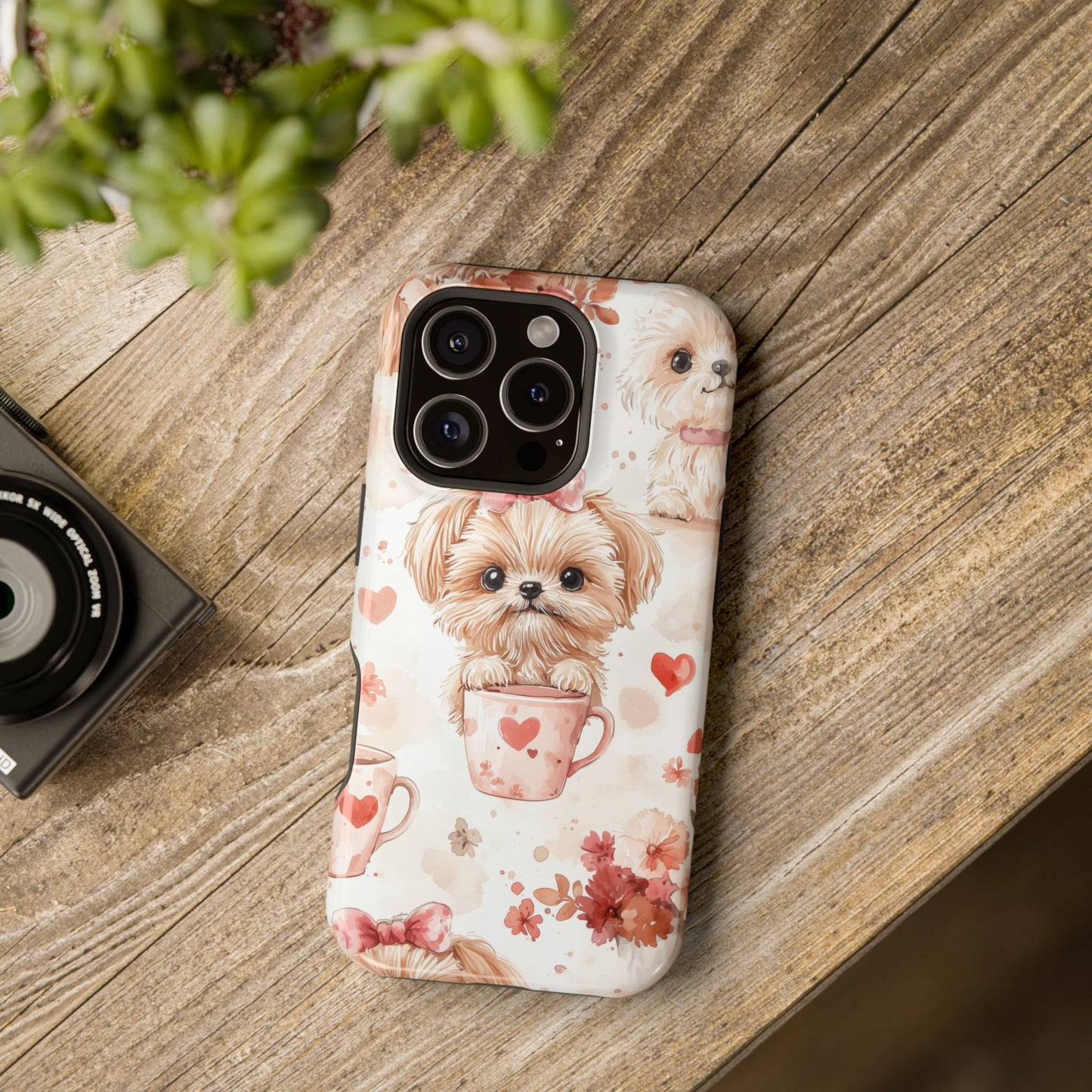 Puppies & Heart Mugs MagSafe iPhone Case – Sweet Dog & Floral Design, Shockproof & Slim