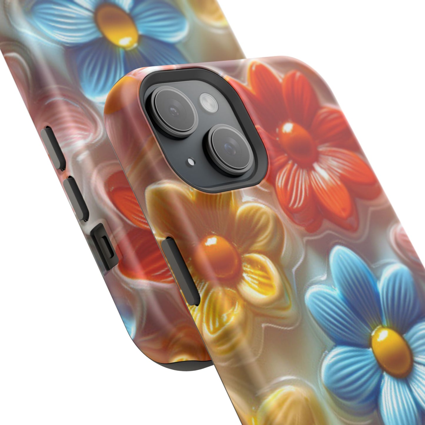 Glossy Retro Flower MagSafe iPhone Case – Colorful 3D Floral Design, Durable Protection