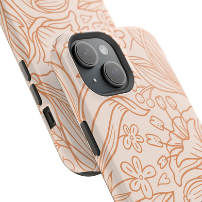 Soft Terracotta Floral Line Art Tough MagSafe iPhone Case – Minimalist Botanical Design with Dual-Layer Protection