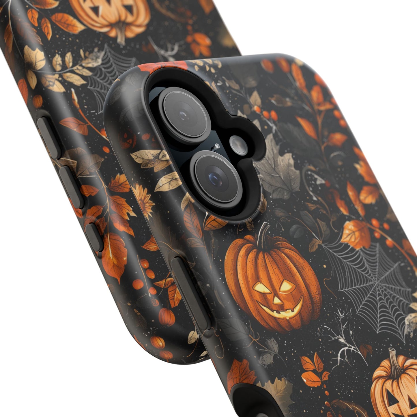 Elegant Halloween MagSafe iPhone Case – Pumpkin Jack-o'-Lanterns, Cobwebs & Autumn Foliage Design