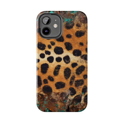 Rustic Leopard Print Tough iPhone Case – Distressed Turquoise and Animal Pattern with Dual-Layer Protection