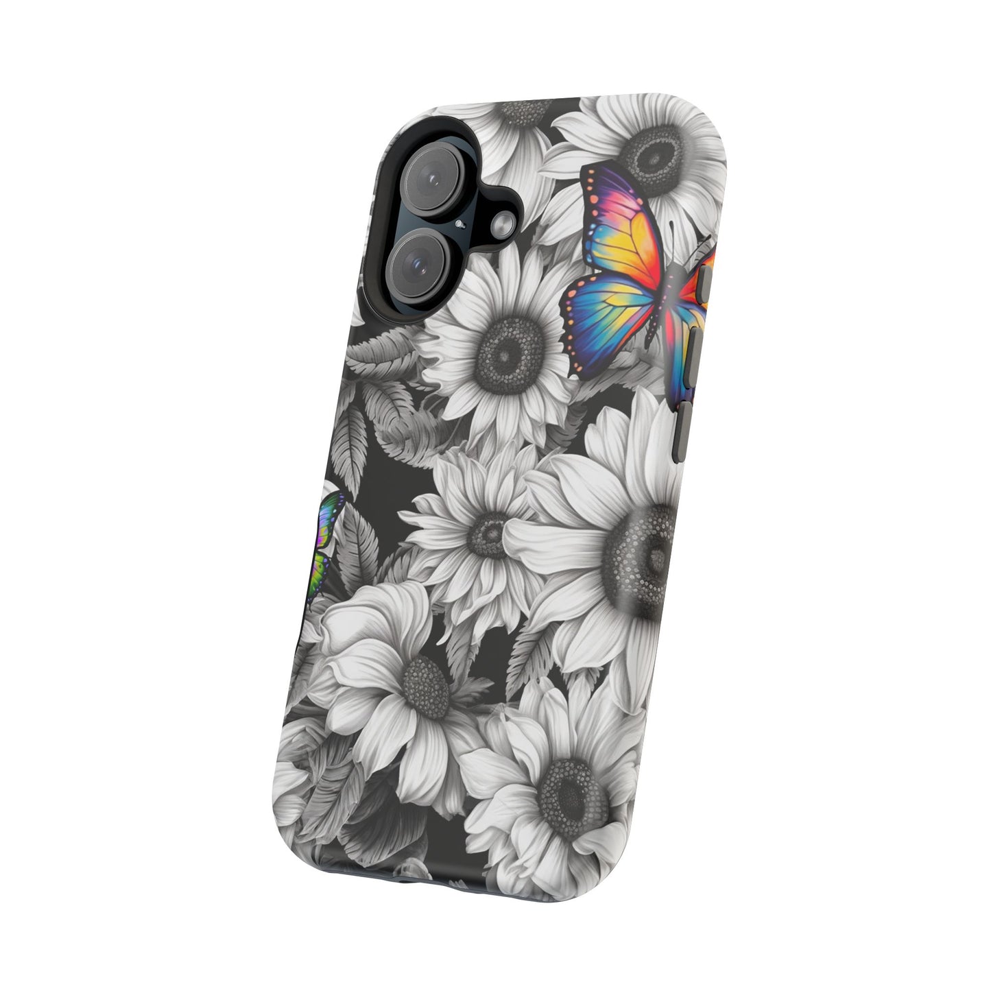 Rainbow Butterflies & Monochrome Sunflowers – MagSafe iPhone Case