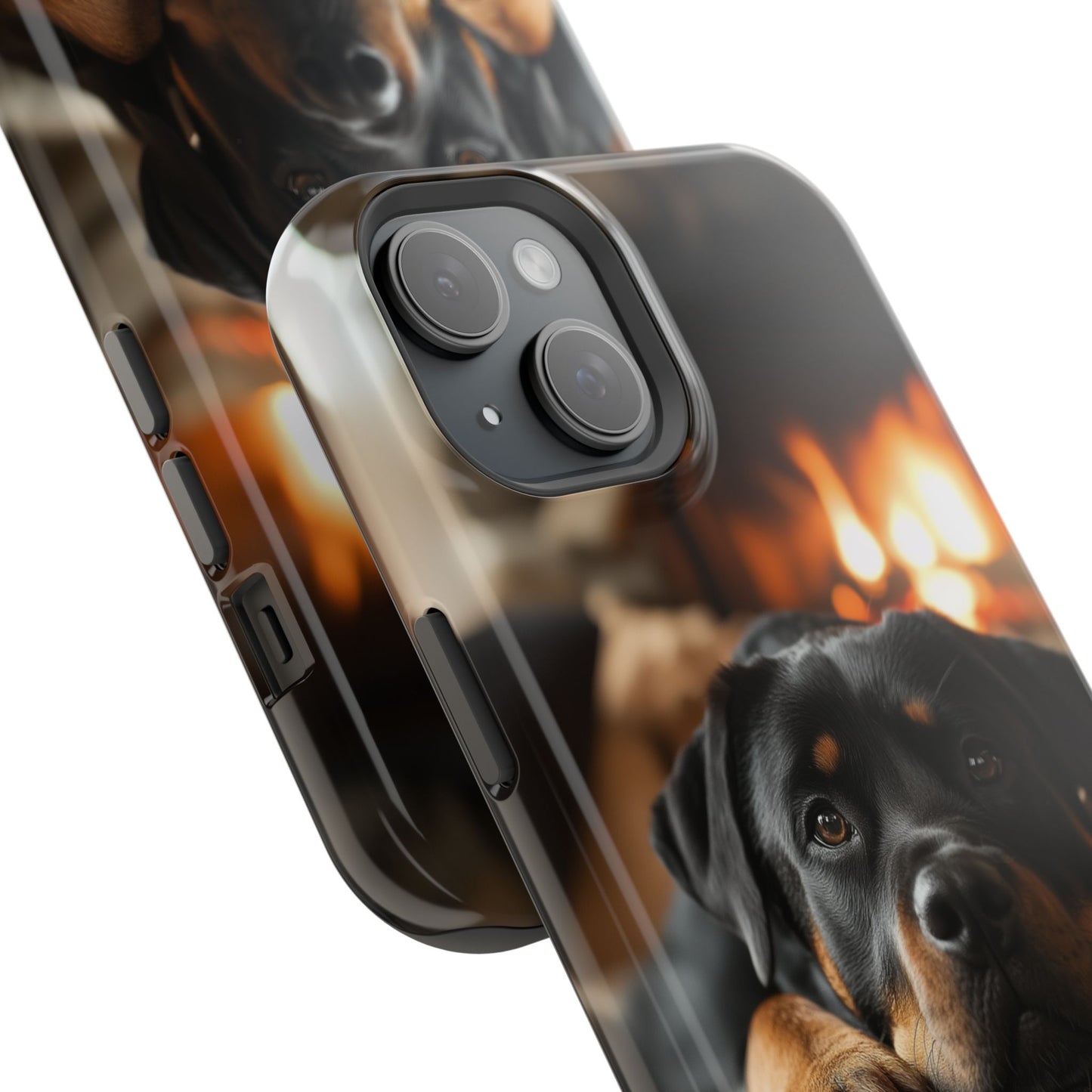 Cozy Rottweiler by the Fireplace MagSafe iPhone Case – Warm Rustic Design