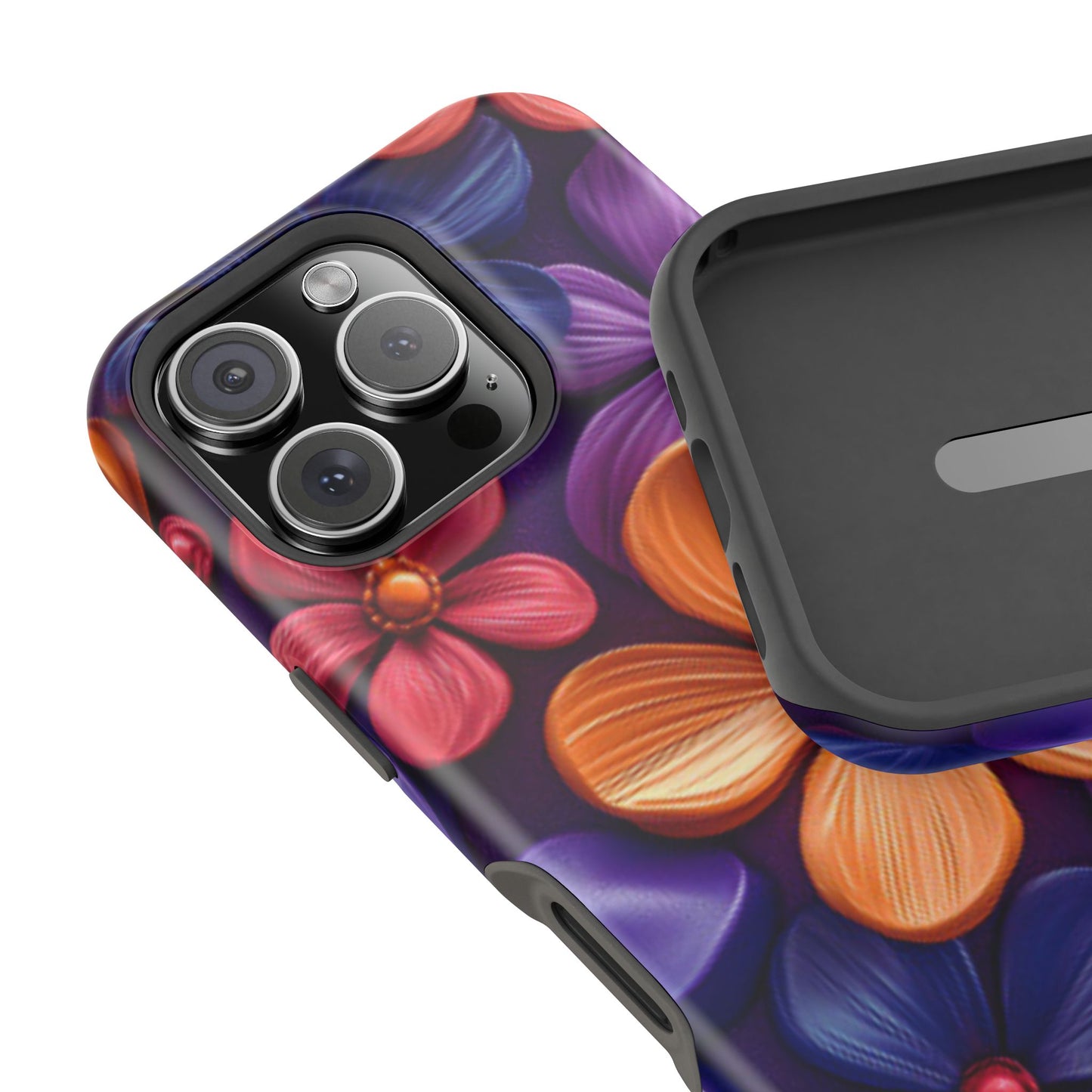 Bold Floral 3D MagSafe iPhone Case – Vivid Purple and Orange Flower Design, Shock-Resistant