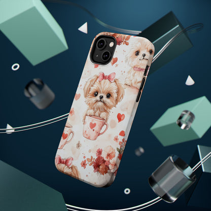 Puppies & Heart Mugs MagSafe iPhone Case – Sweet Dog & Floral Design, Shockproof & Slim