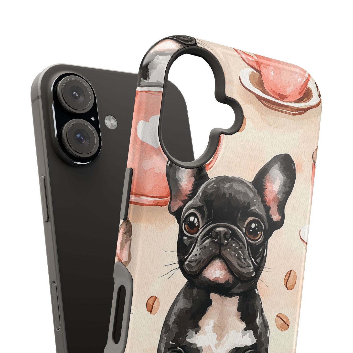 French Bulldogs in Coffee Cup MagSafe iPhone Case – Cute Dog Art, Shockproof & Slim Design