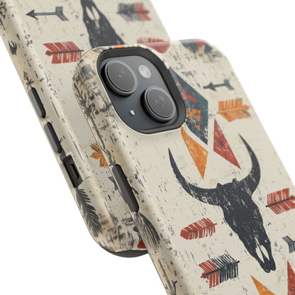 Tribal Bull Skull & Arrows Tough MagSafe iPhone Case – Rustic Western Design, Dual-Layer Protection