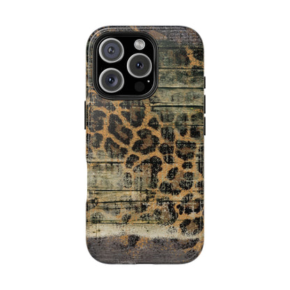 Rustic Wood and Leopard Print Tough iPhone Case – Distressed Western Design with Dual-Layer Protection