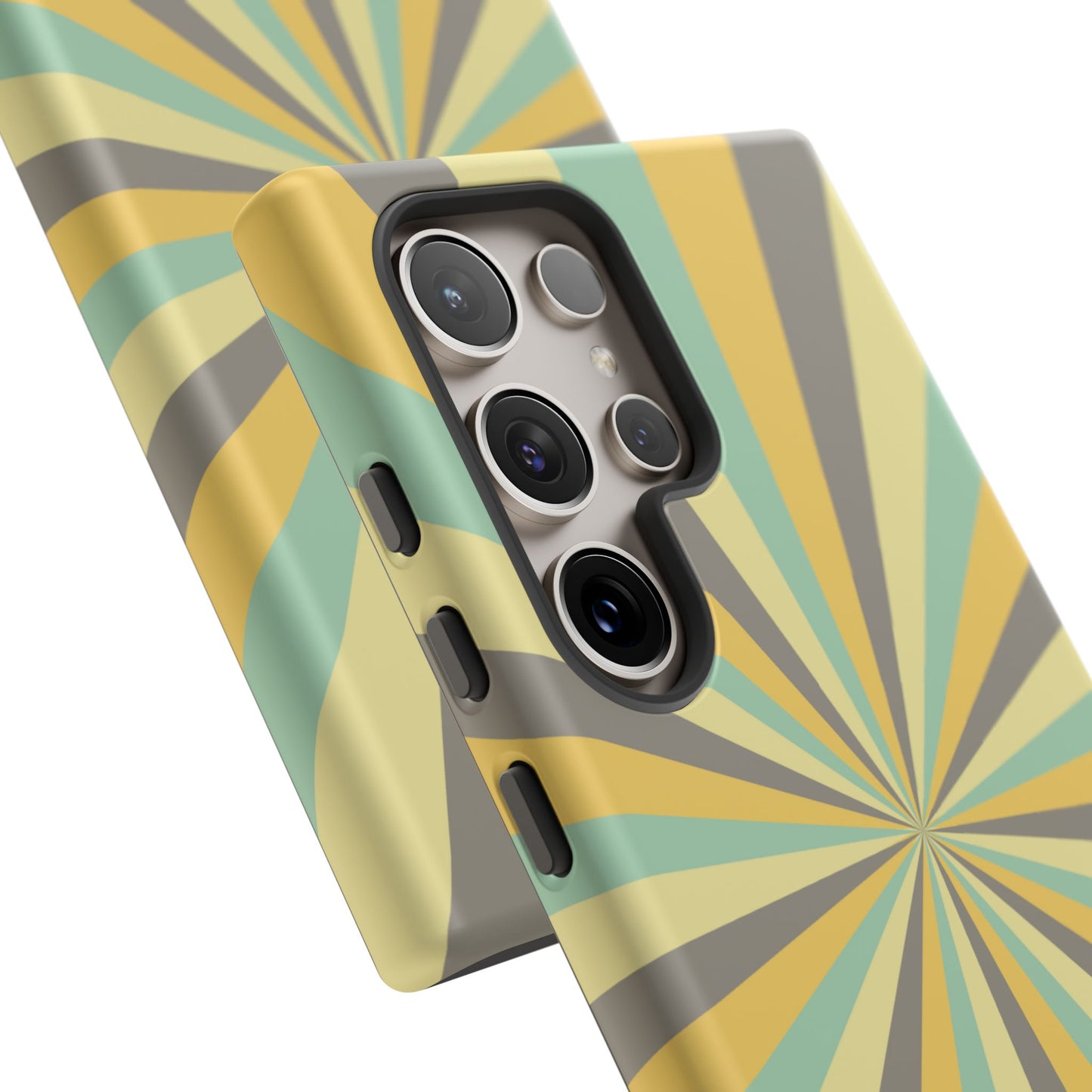 Vintage Sunburst Rays Samsung Galaxy Case – Bold 70s-Inspired Burst in Yellow, Mint, and Gray