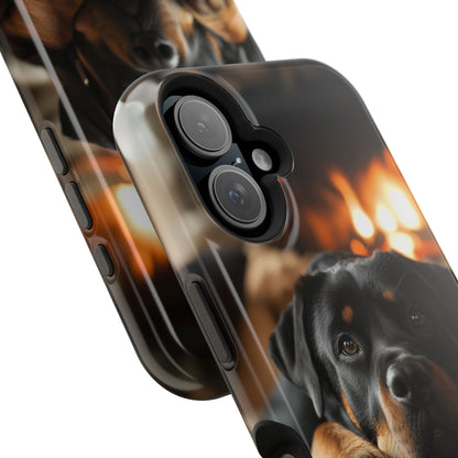 Cozy Rottweiler by the Fireplace MagSafe iPhone Case – Warm Rustic Design