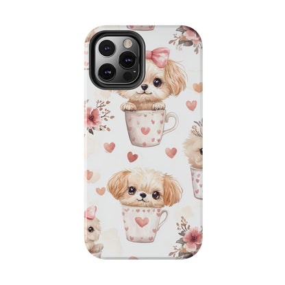 Cute Puppies in Heart Mugs iPhone Case – Adorable Dog & Floral Design, Shockproof & Slim - BOGO Cases