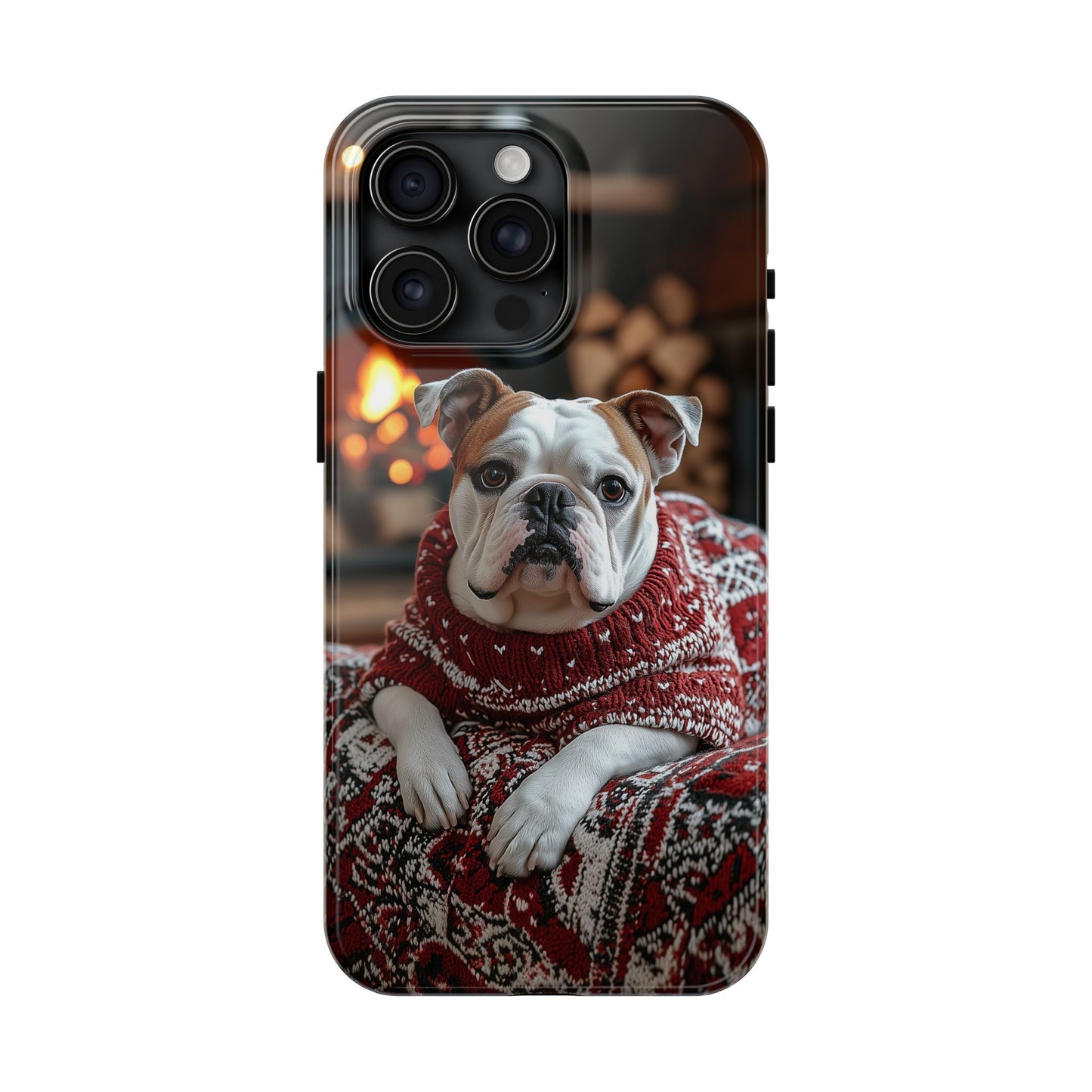 Cozy Bulldog in Sweater iPhone Case – Festive Fireplace Protective Cover