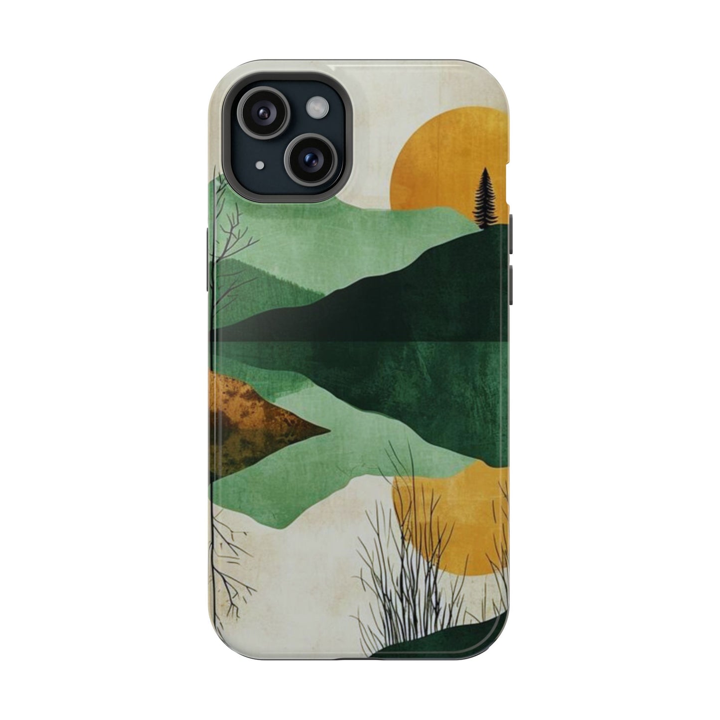 Retro Mountain Sunrise MagSafe iPhone Case – Minimalist Landscape Design, Dual-Layer Protection