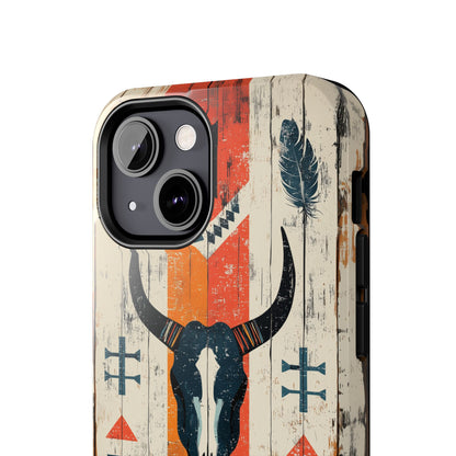 Rustic Western Bull Skull Tough iPhone Case – Distressed Wood Design, Dual - Layer Protection - BOGO Cases