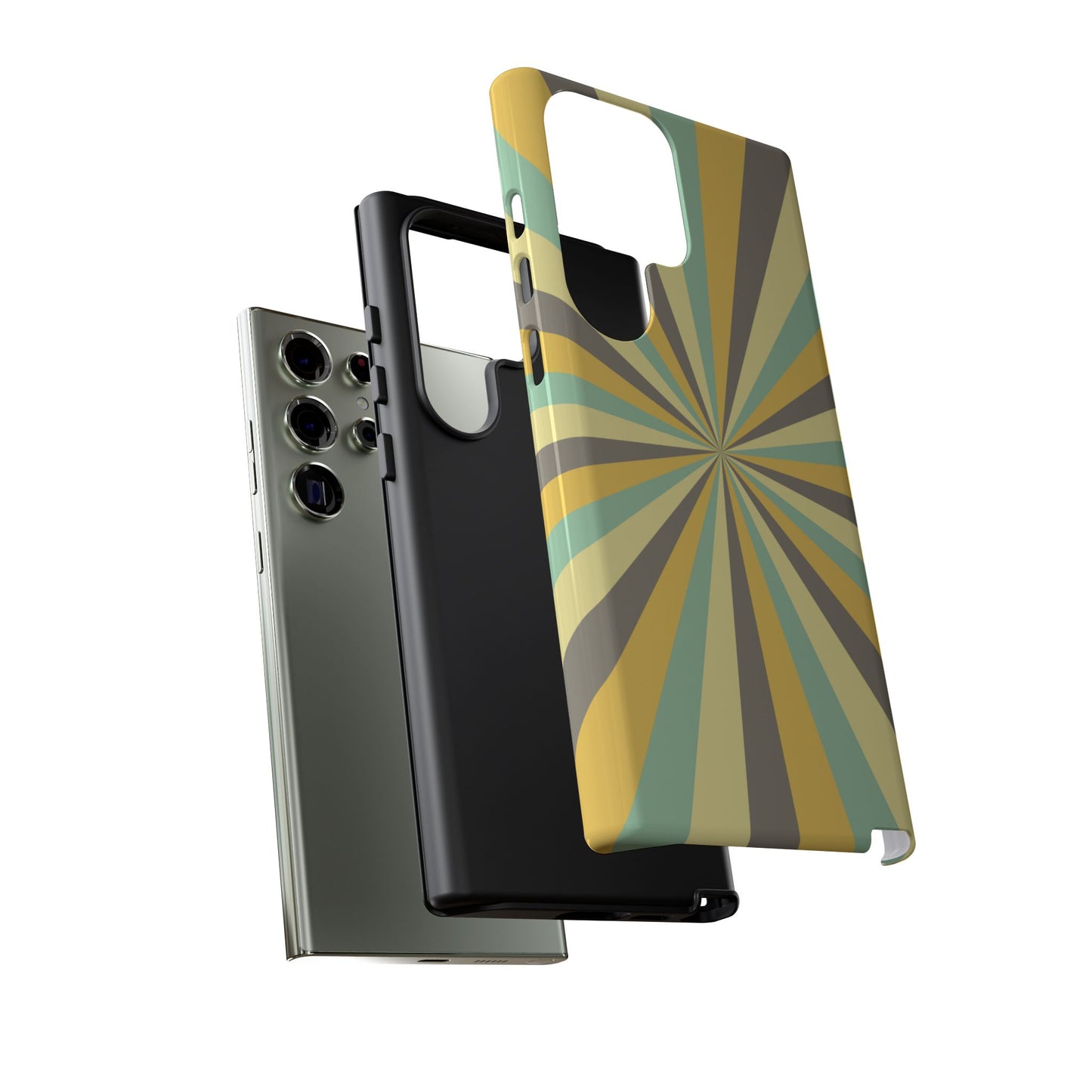 Vintage Sunburst Rays Samsung Galaxy Case – Bold 70s-Inspired Burst in Yellow, Mint, and Gray