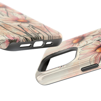 Pastel Pink Daisy MagSafe iPhone Case - Elegant Floral Plaid Protective Cover