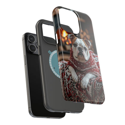 Cozy Bulldog in Sweater MagSafe iPhone Case – Festive Fireplace Protective Cover