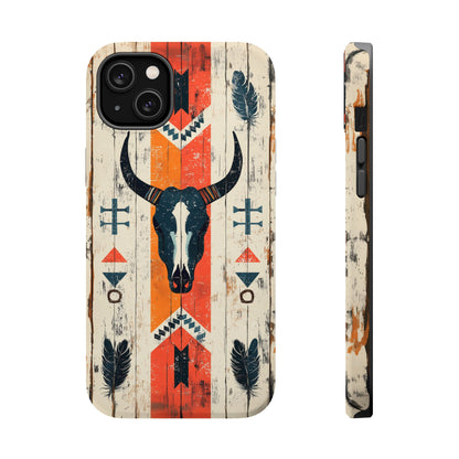 Rustic Western Bull Skull Tough MagSafe iPhone Case – Distressed Wood Design, Dual-Layer Protection