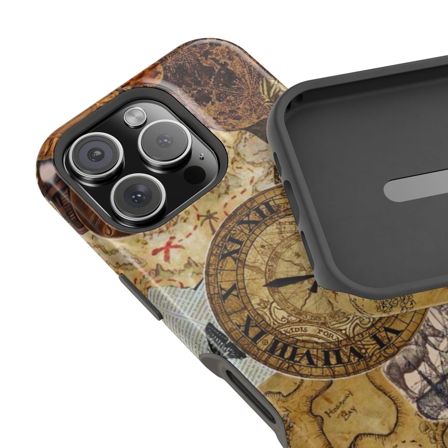 Steampunk Vintage Adventure MagSafe iPhone Case – Dual-Layer Protection with Antique Map and Clock Design