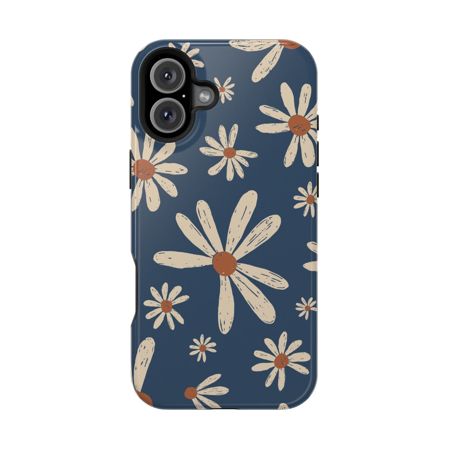 Vintage Daisies MagSafe iPhone Case – Navy Blue Floral Design, Scratch-Resistant with Shock-Absorbing Bumper