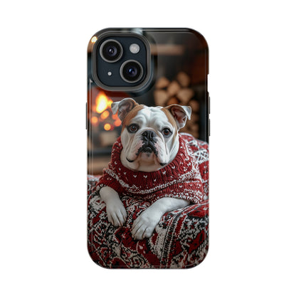 Cozy Bulldog in Sweater MagSafe iPhone Case – Festive Fireplace Protective Cover