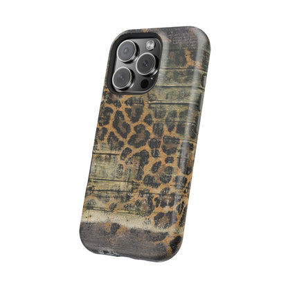 Rustic Wood and Leopard Print Tough MagSafe iPhone Case – Distressed Western Design with Dual-Layer Protection